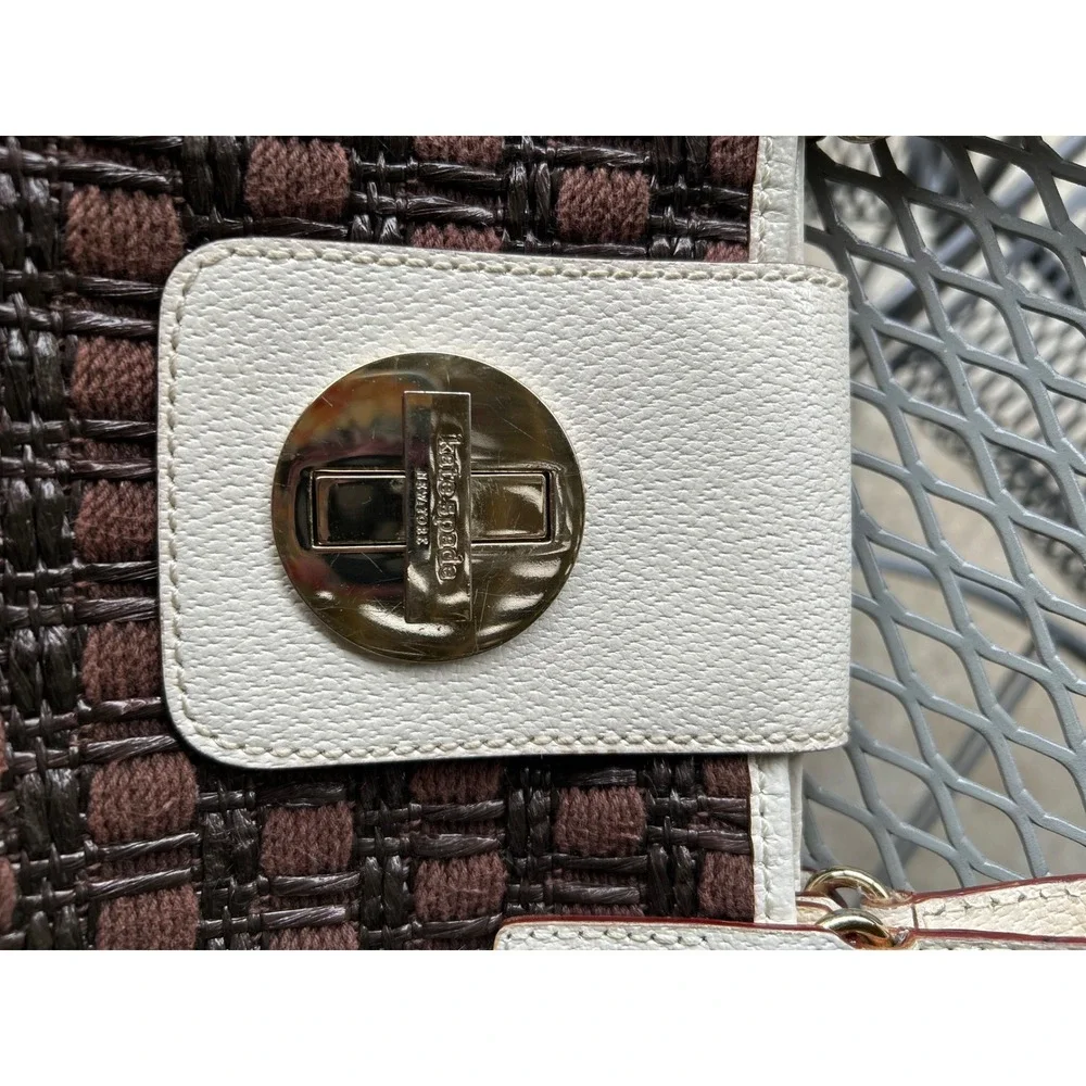 Vintage Kate Spade Woven Tote Cream Brown Classic Leather Designer Shoulder Bag
